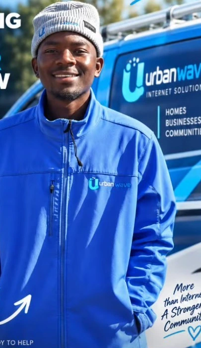 UrbanWave team member in a blue branded jacket beside a service vehicle